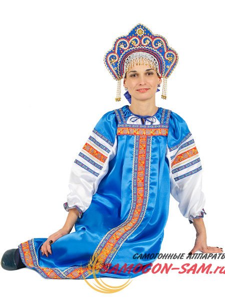 Русский народный костюм "Василиса" для женщины атласный комплект васильковый сарафан и блузка, XS-L фото 1 — Samogon-sam.ru