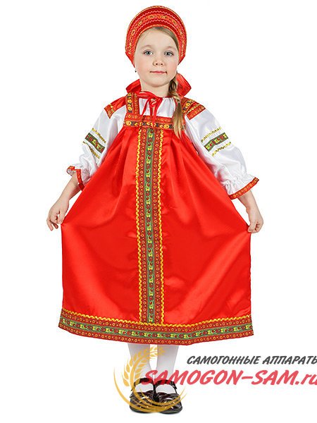 Русский народный костюм "Василиса" для девочки атласный сарафан и блузка 7-12 лет фото 1 — Samogon-sam.ru