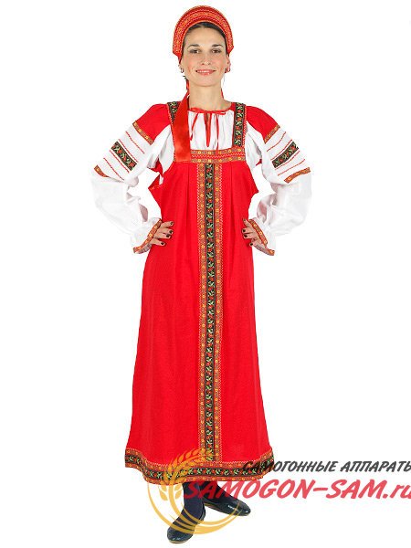 Русский народный костюм "Забава" для танцев льняной красный сарафан и блузка XL-XXXL фото 1 — Samogon-sam.ru
