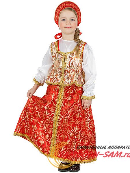 Русский народный костюм детский атласный комплект  "Люкс" сарафан и блузка возраст 8-12 лет фото 1 — Samogon-sam.ru